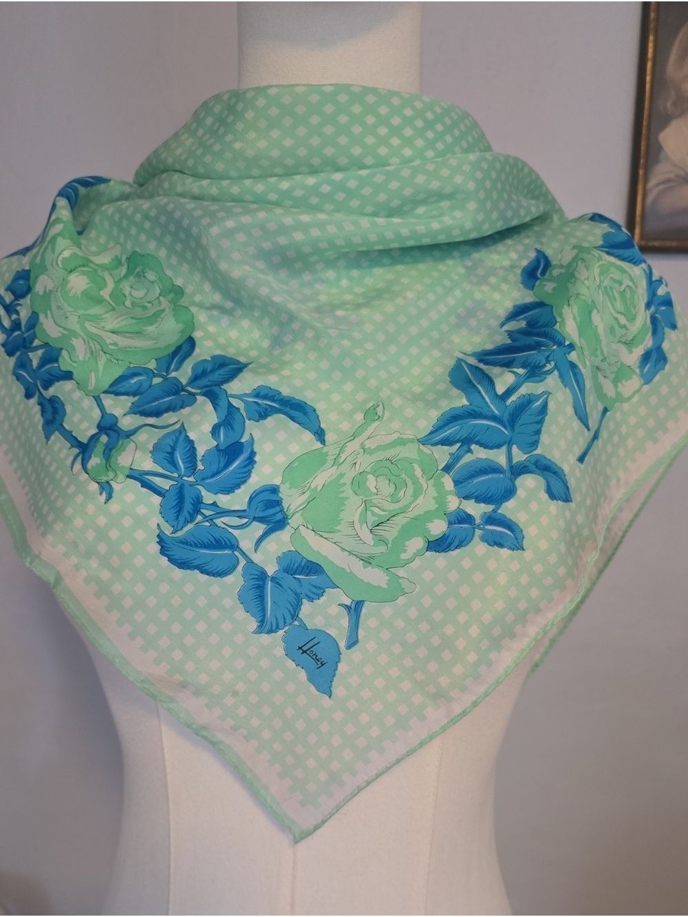 Light Green Floral Silk Scarf with Blue Accents